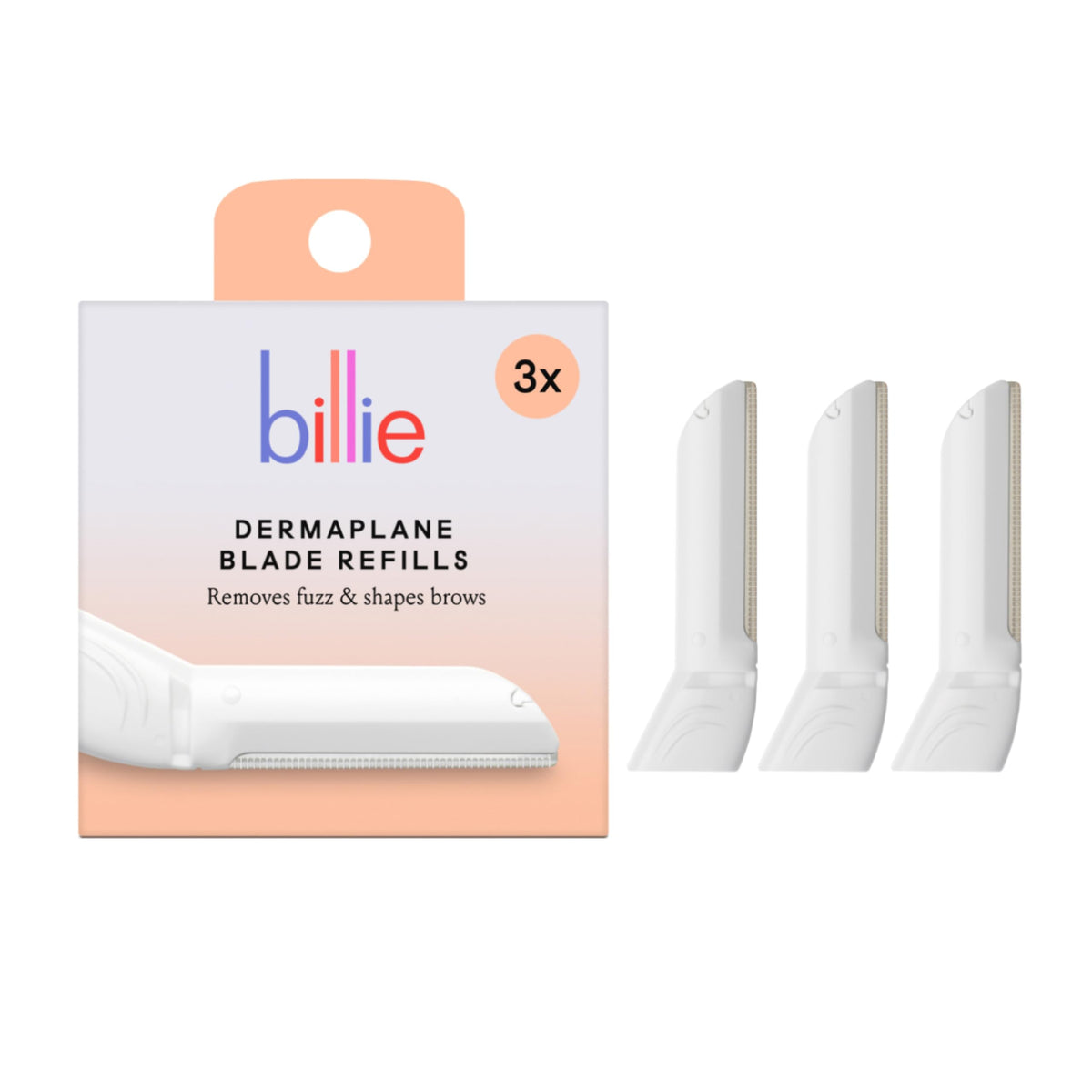 Billie refill pack front view showing three blades and brand