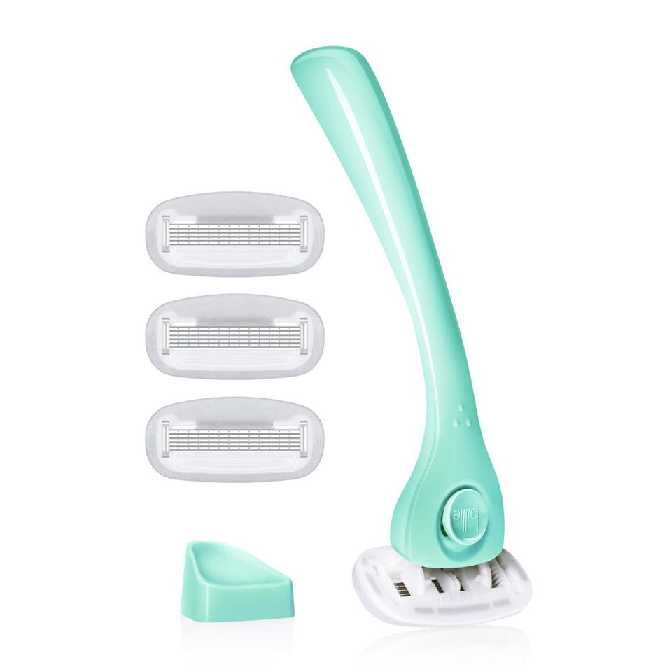 Billie front packaging in mint showing kit contents and benefits