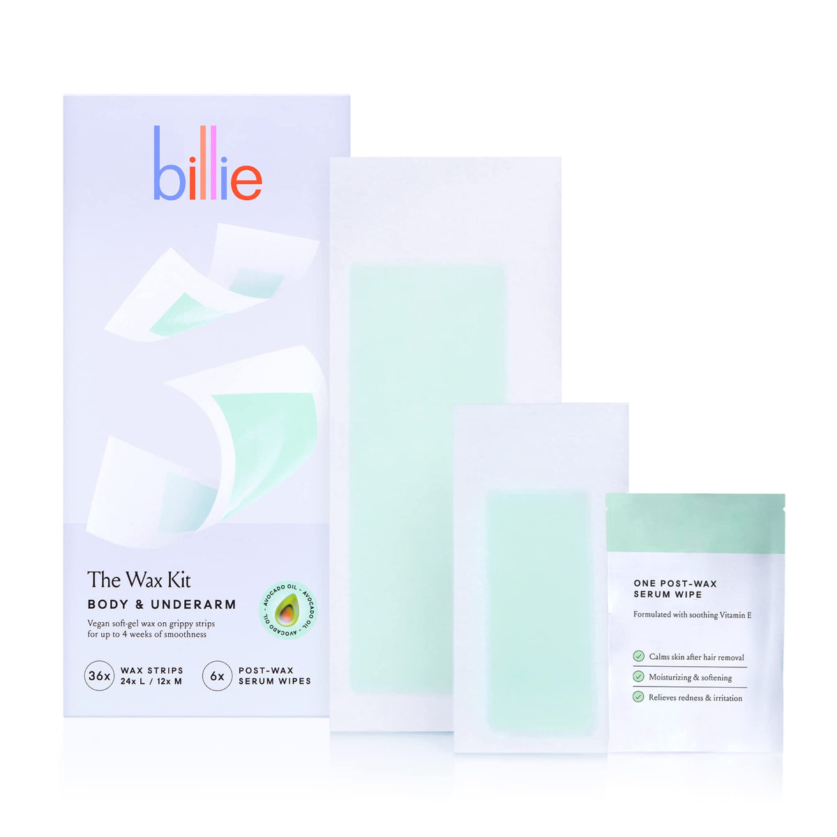 Billie front packaging showing wax kit benefits and contents for easy use
