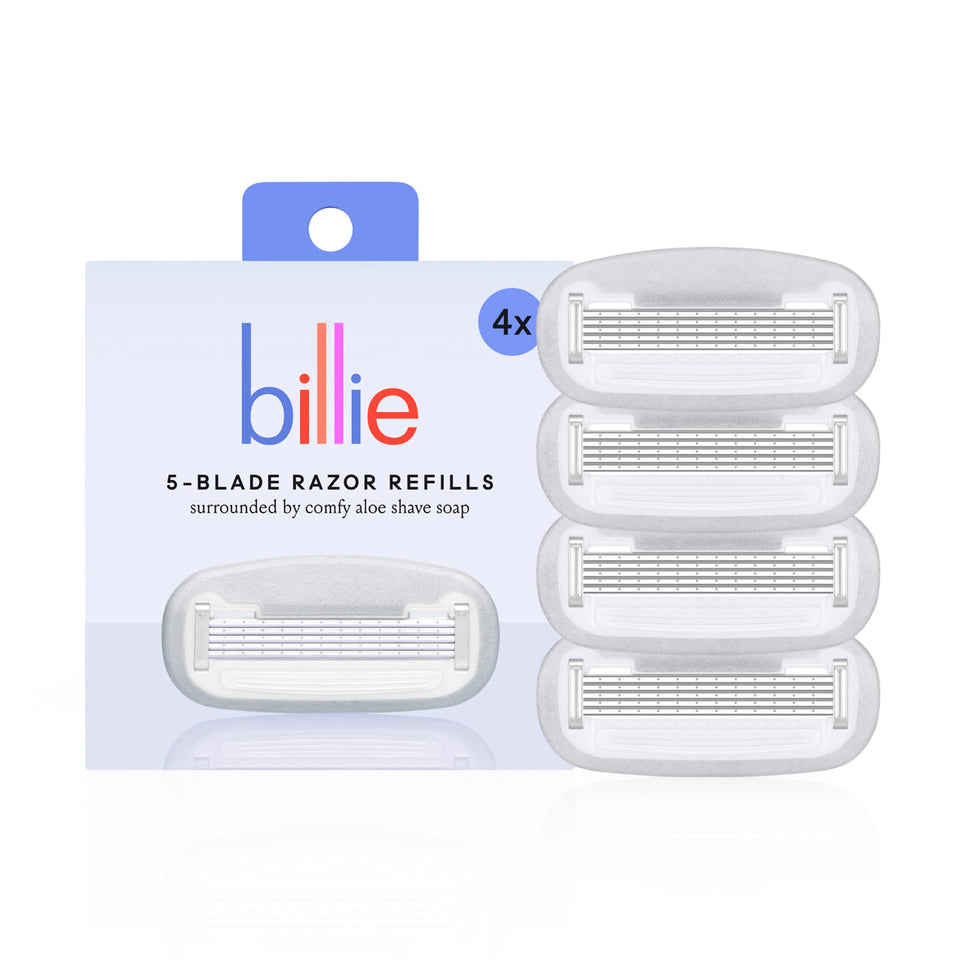 Billie front packaging showing four refill cartridges and branding, easy replacement