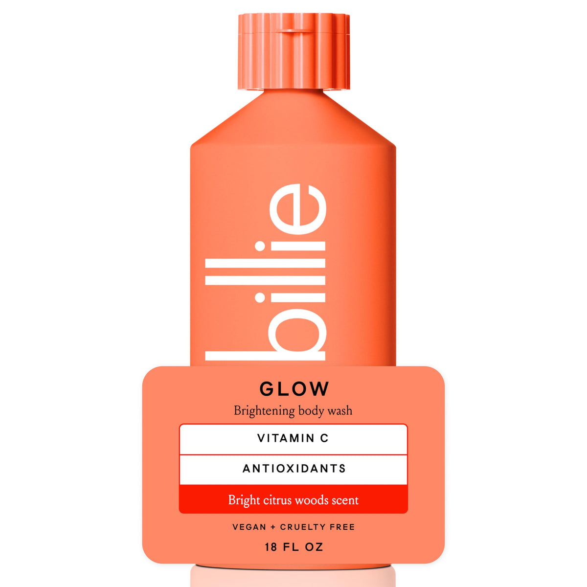 Billie front packaging showing bright citrus design and bottle benefits