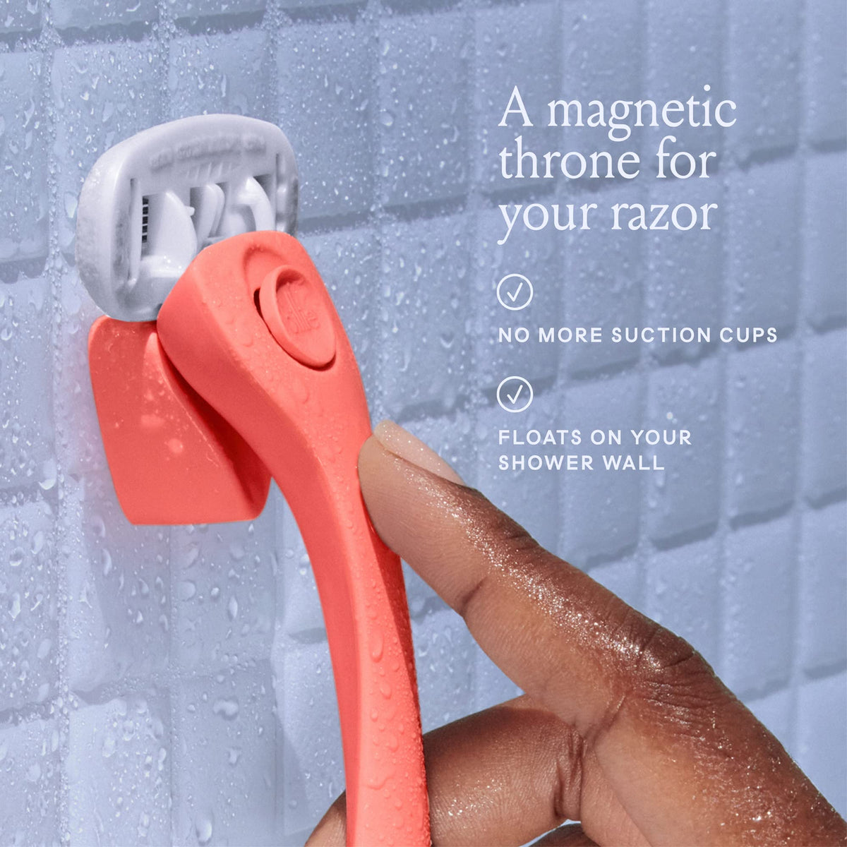 Billie razor in use in shower illustrating smooth strokes and comfortable shave