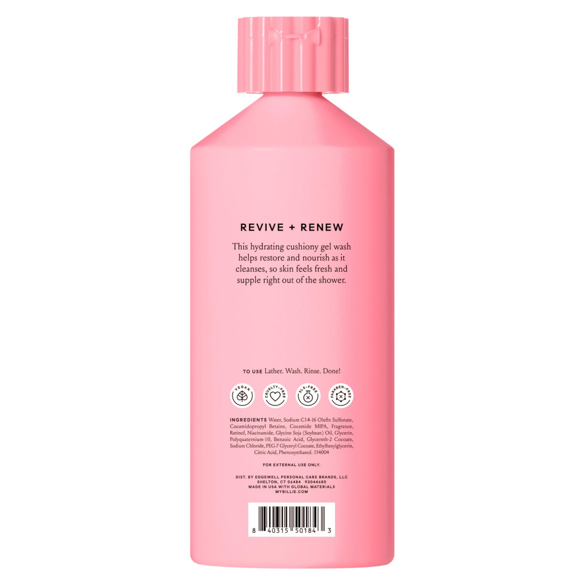 Billie ingredient list and badges displaying SLS-free, paraben-free benefits