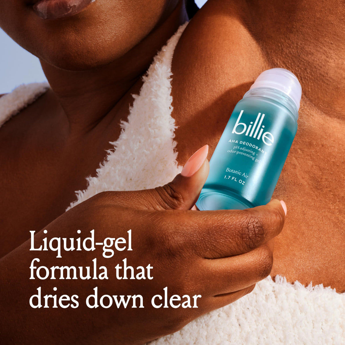 Billie label close-up highlighting AHA multi-acid blend and aluminum-free benefits