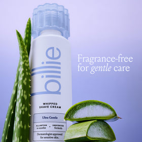 Billie label close-up listing soothing ingredients like aloe and allantoin