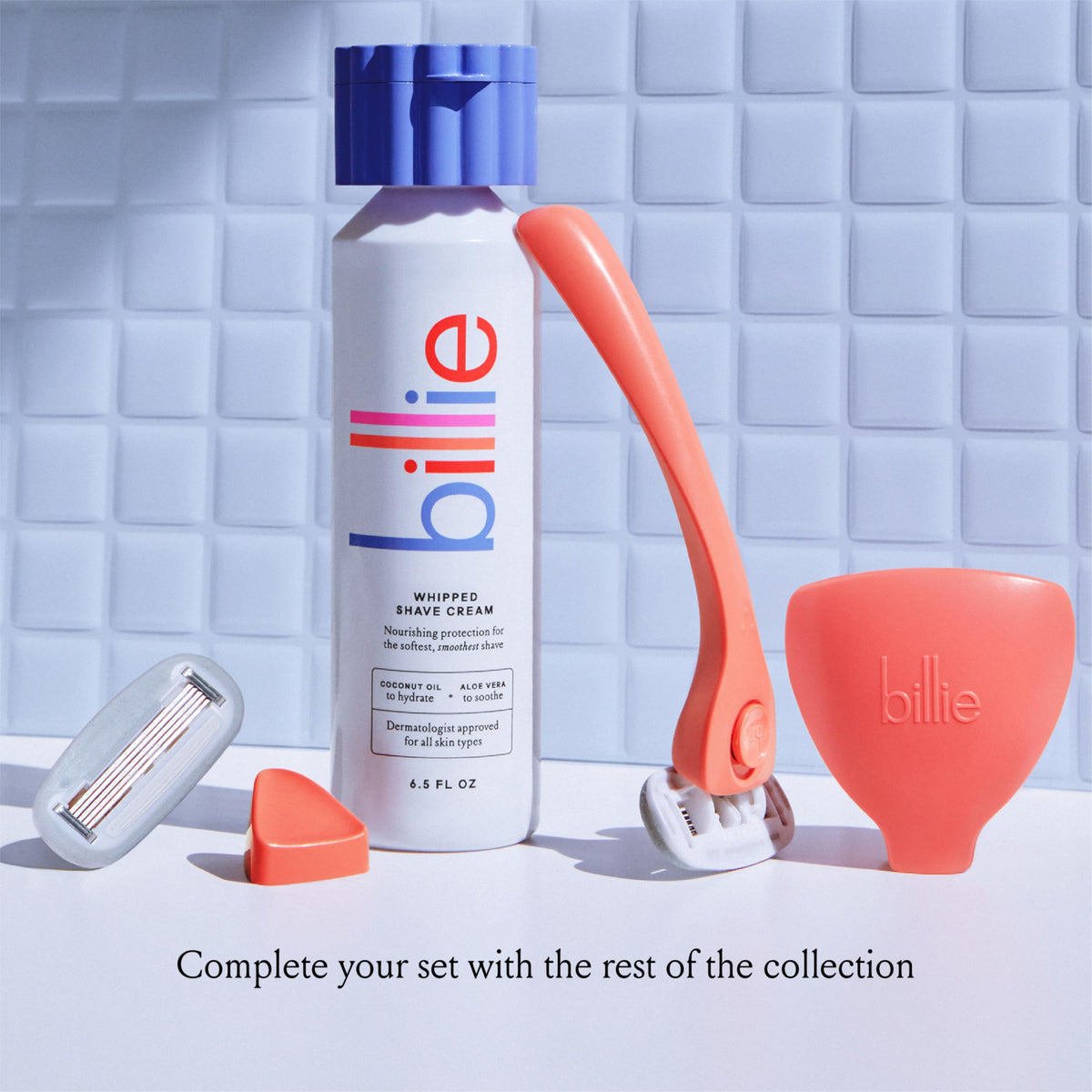 Billie razor displayed in bathroom adding color and tidy storage