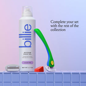 Billie kit styled in bathroom showing organized shaving setup