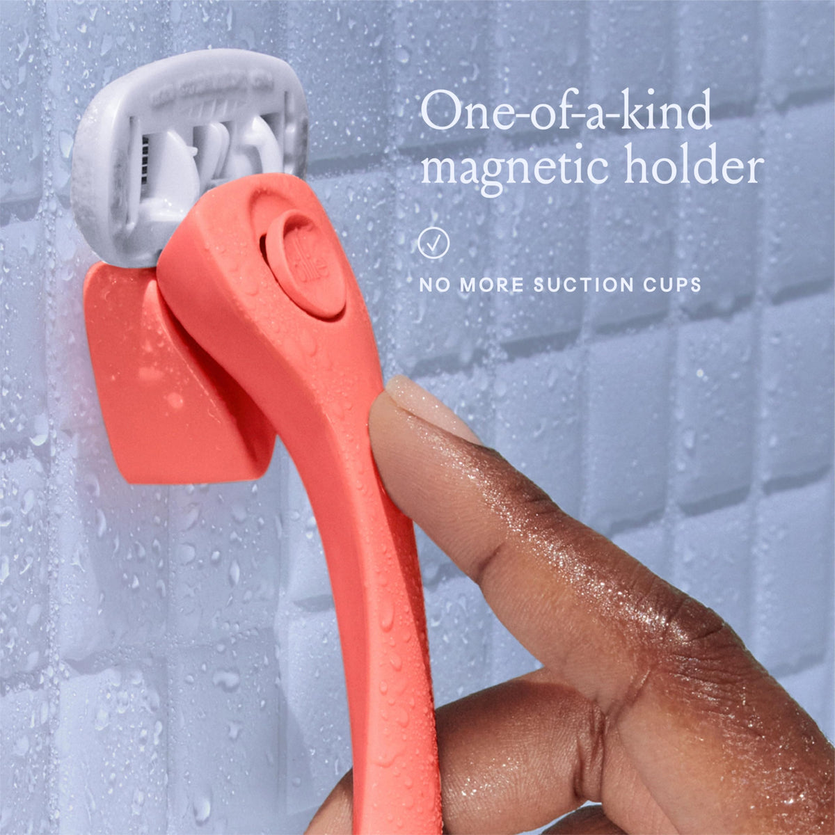 Billie magnetic holder mounted in shower keeping razor dry