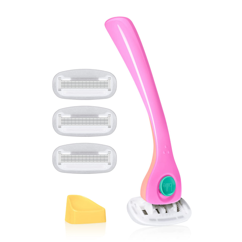 Billie Malibu razor kit front view showing colorful handle and box, tidy storage benefit