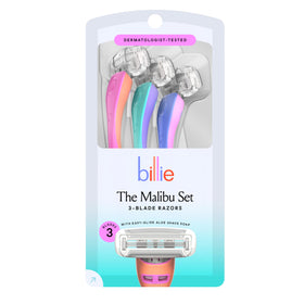 Billie Malibu front view showing three colorful disposable razors for reliable shaving