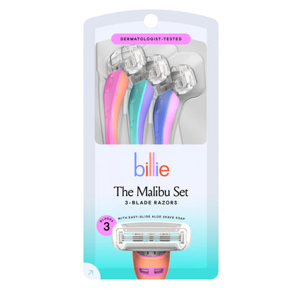 Billie Malibu front view showing three colorful disposable razors for reliable shaving