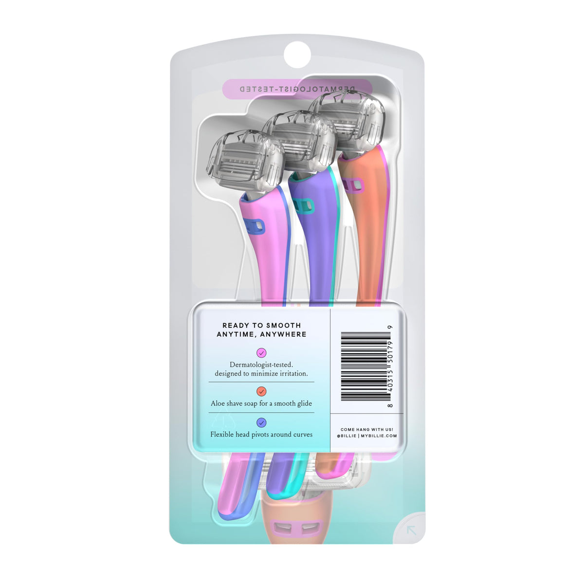 Billie razor shown in hand to indicate size and ergonomic balance for control