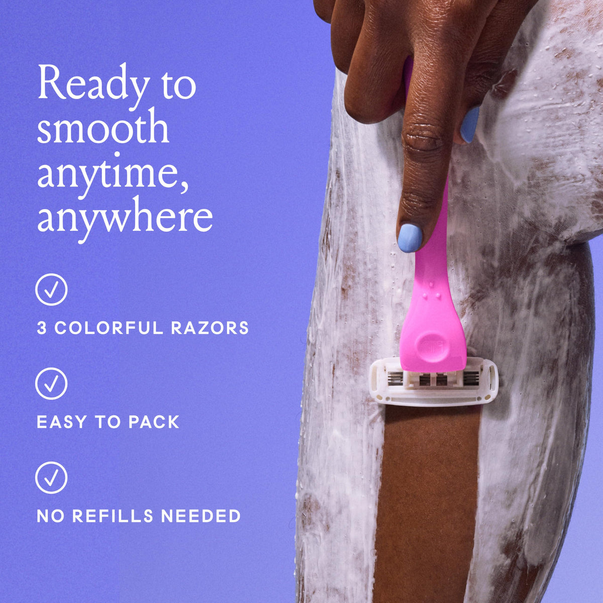 Billie three colorblocked Malibu razors displayed together for easy travel use