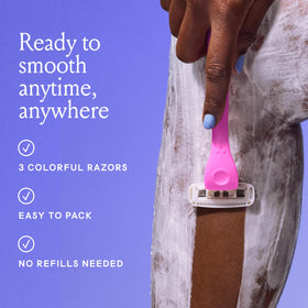 Billie three colorblocked Malibu razors displayed together for easy travel use