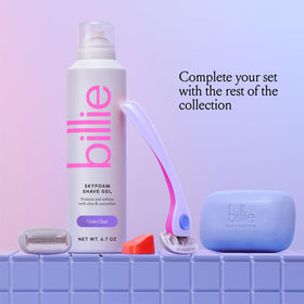 Billie refill pack staged in bathroom demonstrating ready-to-use convenience benefit