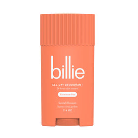 Billie front packaging showing Santal Bloom scent and lightweight benefits