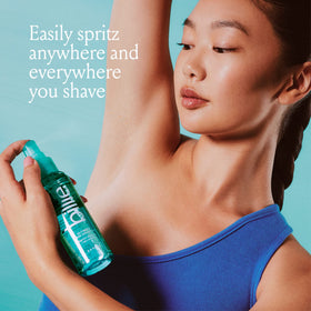 Billie bottle next to a ruler showing 3.4 fl oz travel-friendly size