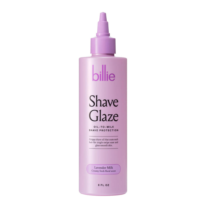 Billie shave glaze front bottle shows design and Lavender Milk scent benefit