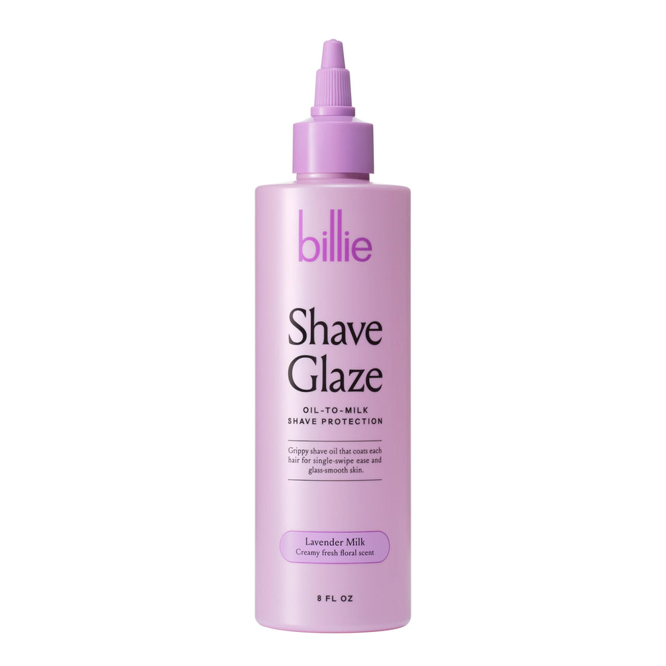 Billie shave glaze front bottle shows design and Lavender Milk scent benefit