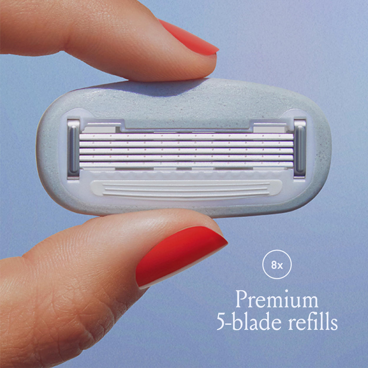 Billie single cartridge close-up highlighting five blades for a close shave benefit