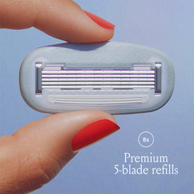 Billie single cartridge close-up highlighting five blades for a close shave benefit