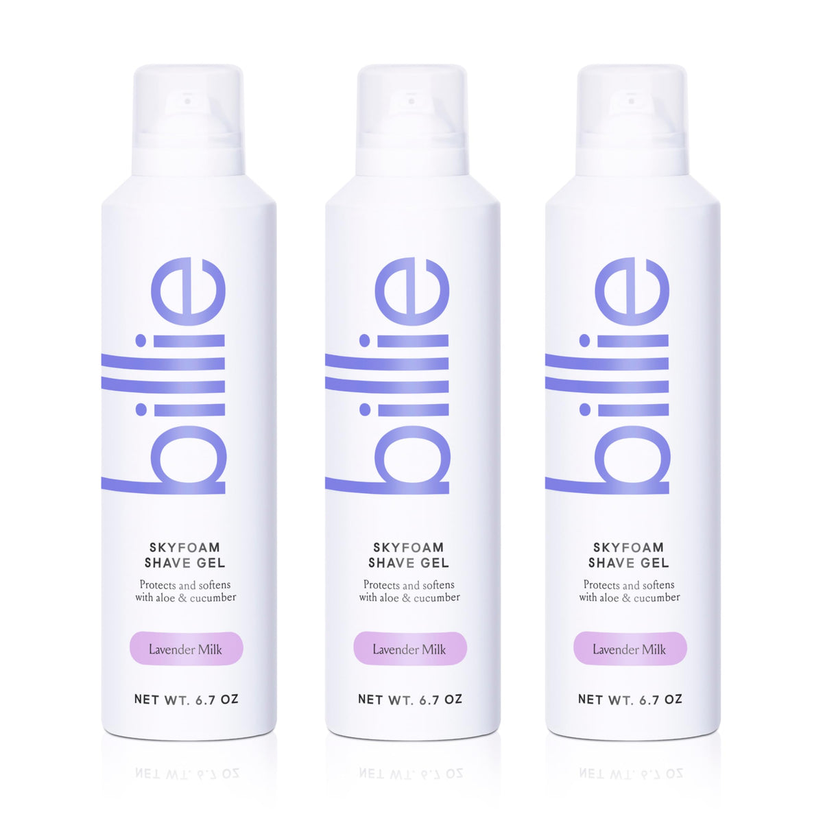 Billie front packaging showing Lavender Milk and benefits