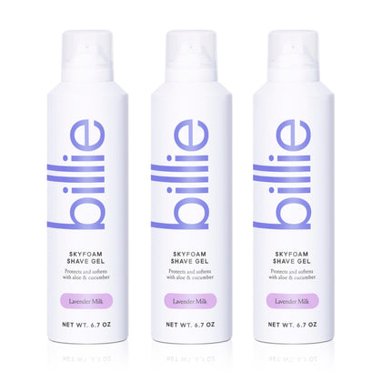 Billie front packaging showing Lavender Milk and benefits