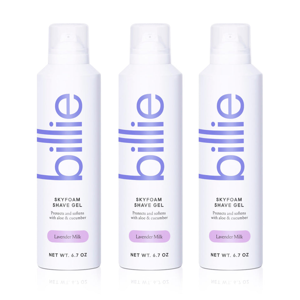 Billie front packaging showing Lavender Milk and benefits