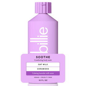 Billie front bottle showing label and 18 fl oz size, calming packaging benefit