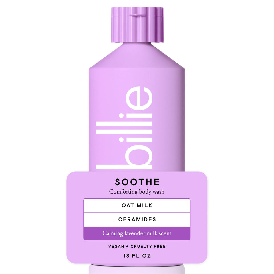 Billie front bottle showing label and 18 fl oz size, calming packaging benefit