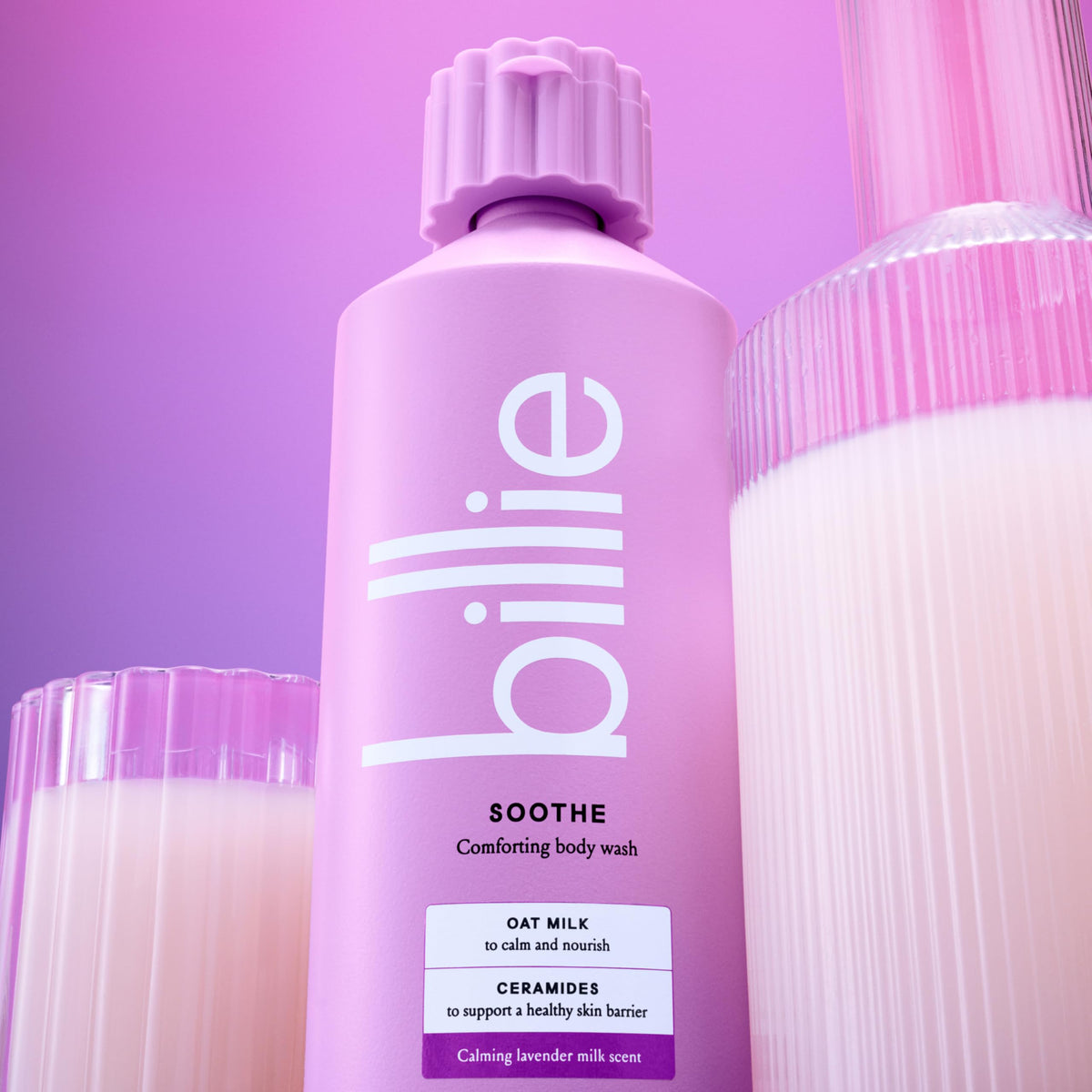 Billie body wash being used in shower, gentle cleansing benefit
