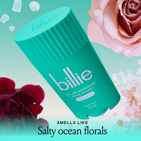 Billie size comparison in hand conveying travel-friendly 2.6 oz