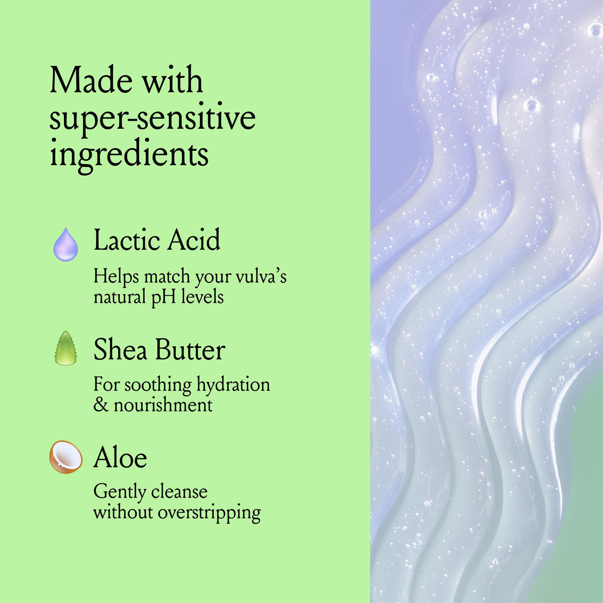 Billie ingredient label showing lactic acid and aloe for gentle, pH-aware care