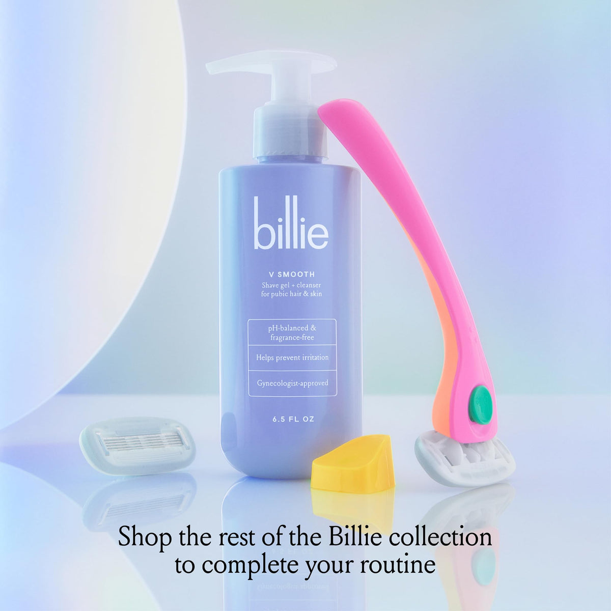 Billie lifestyle image near bikini line area implying targeted gentle care and comfort
