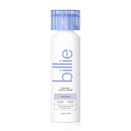 Billie front packaging showing fragrance-free gentle shave cream benefits
