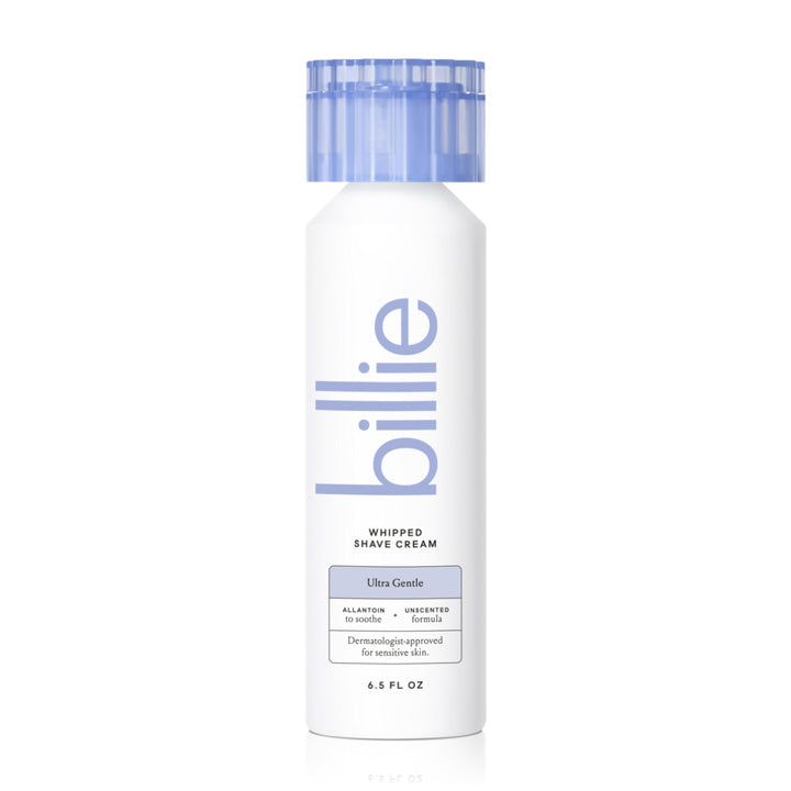 Billie front packaging showing fragrance-free gentle shave cream benefits