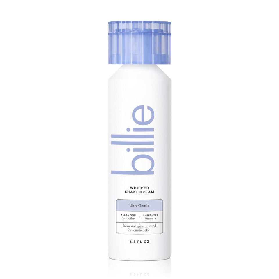 Billie front packaging showing fragrance-free gentle shave cream benefits