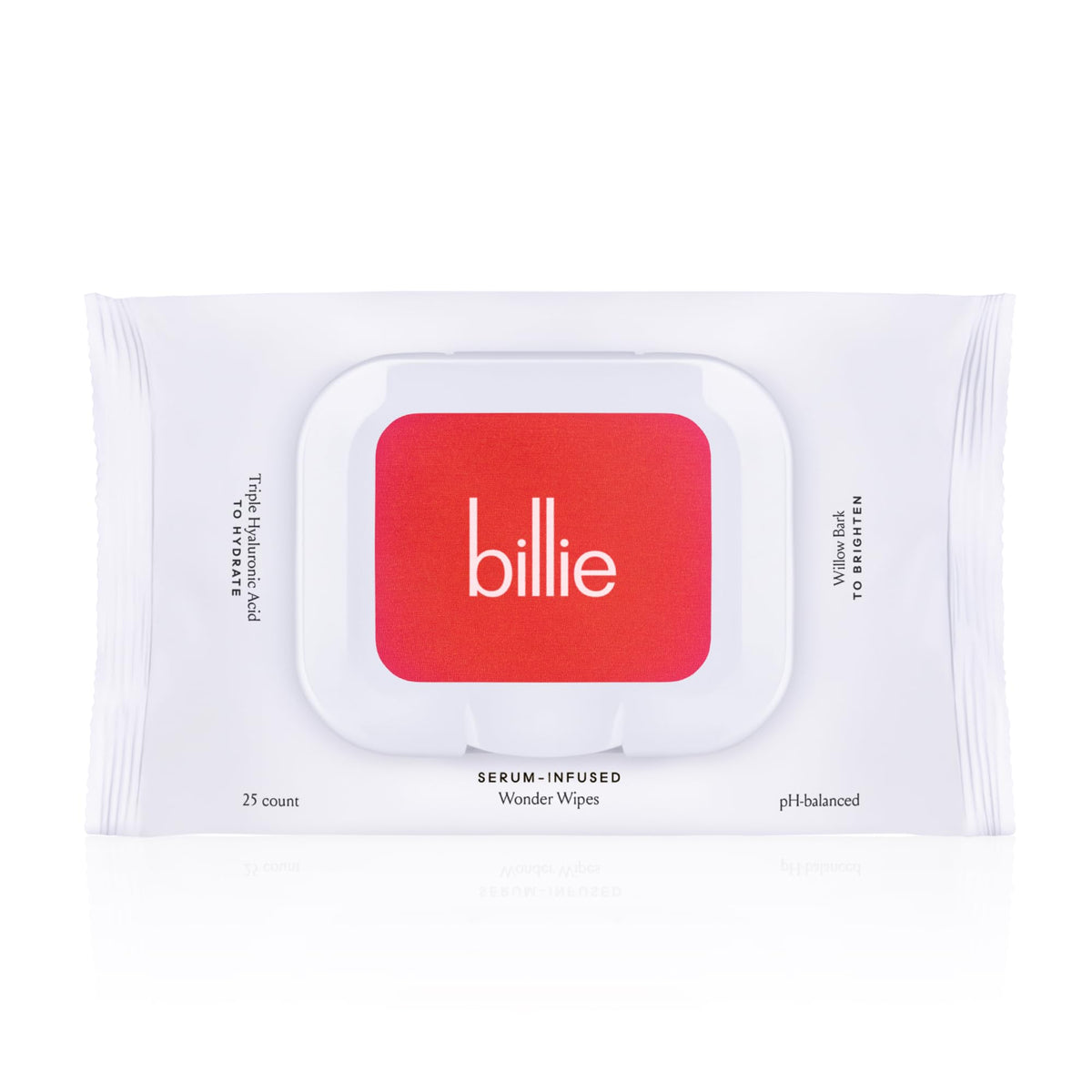 Billie front packaging showing 25-count wipes and travel-ready benefit