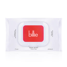 Billie front packaging showing 25-count wipes and travel-ready benefit