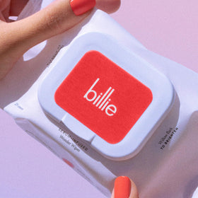 Billie wipes inside a toiletry bag for on-the-go refreshment