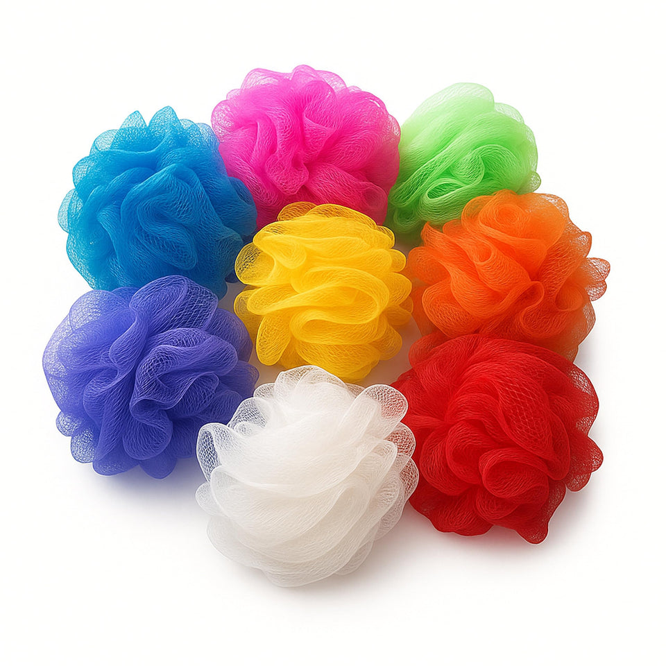 BIMIGET front pack with eight colorful loofahs showing value