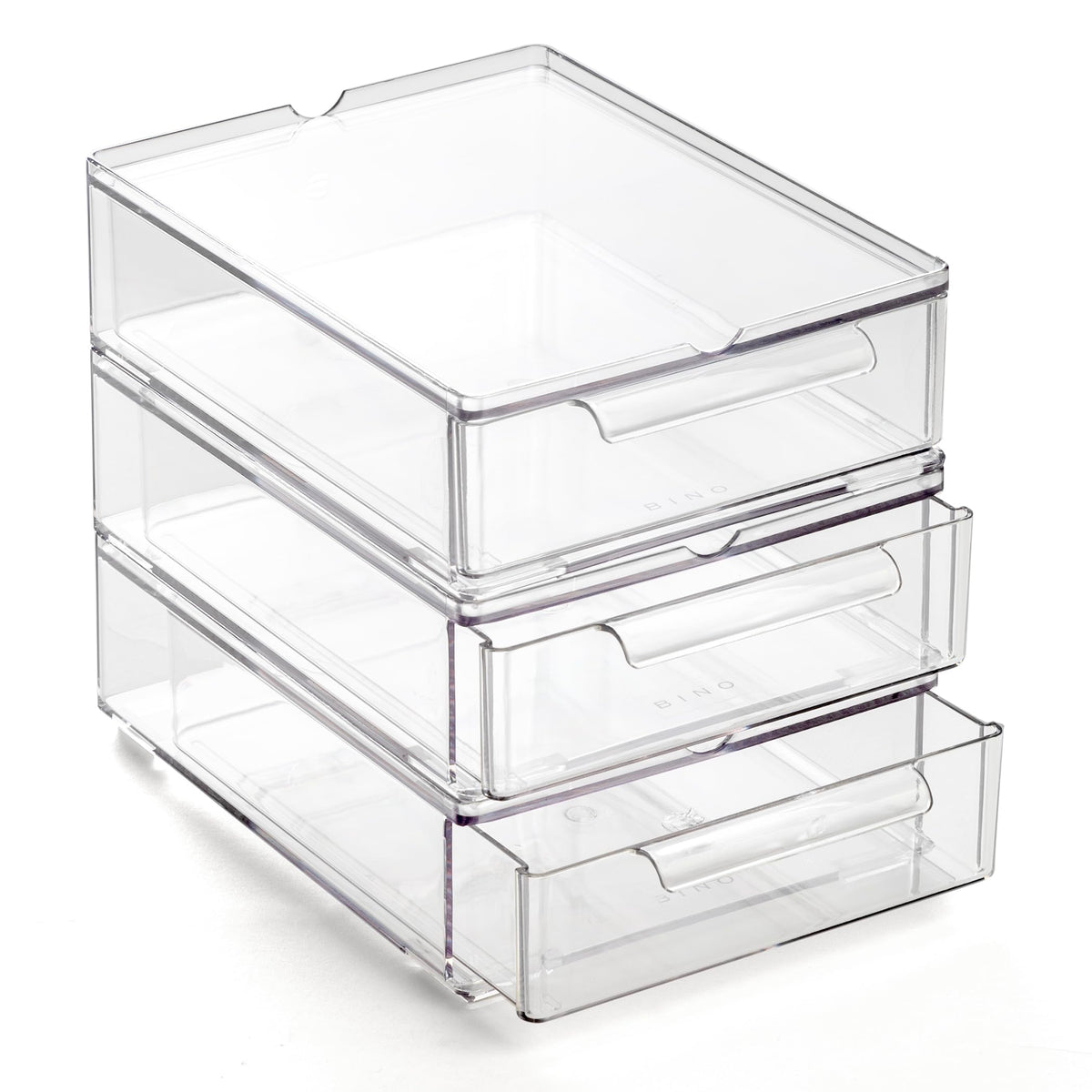 BINO clear drawers front view showing compact 3-pack and visibility benefit