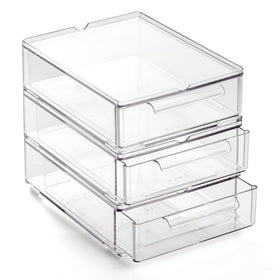 BINO clear drawers front view showing compact 3-pack and visibility benefit