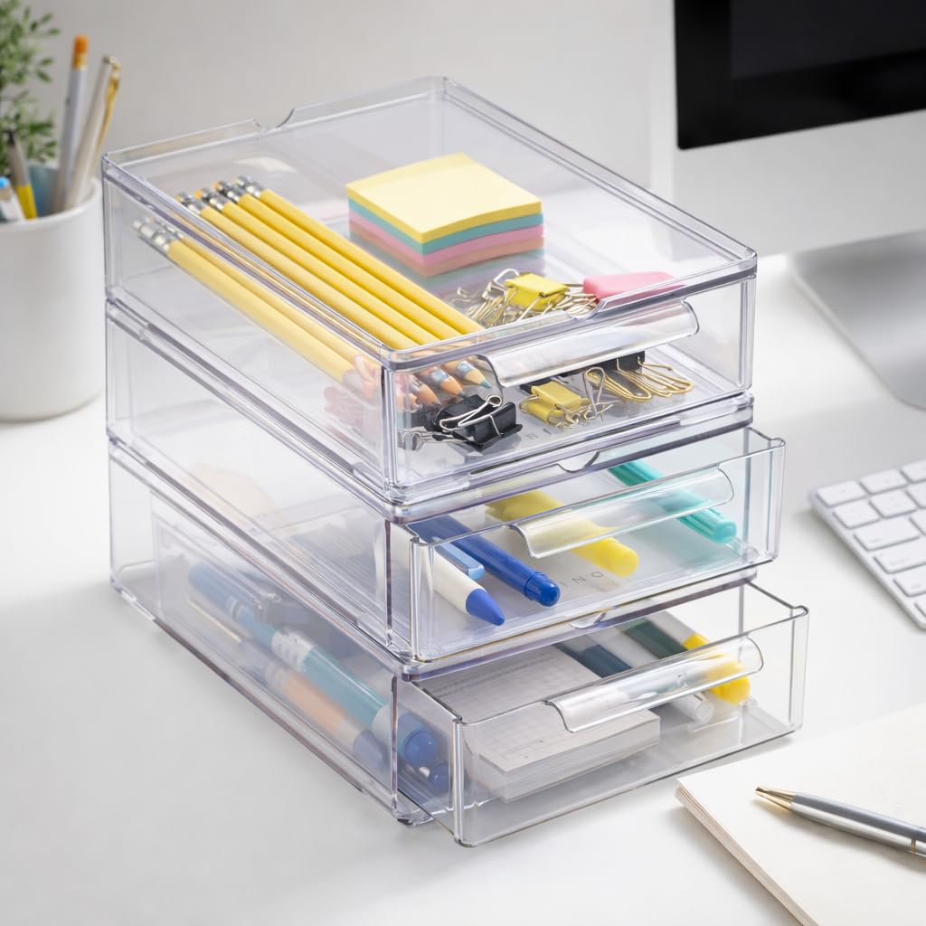 BINO drawers on vanity holding makeup to speed morning routines