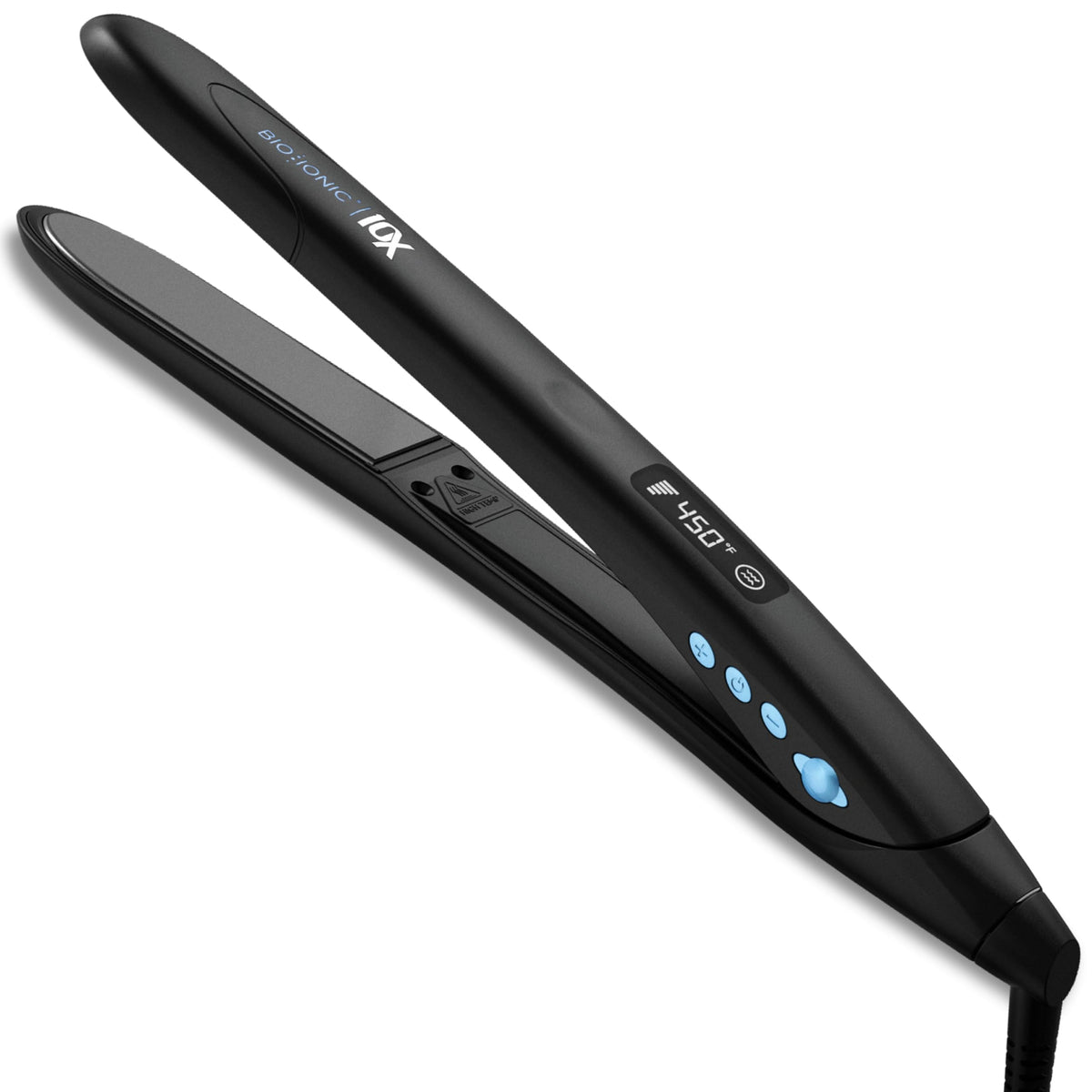 Bio Ionic front profile styling iron showing sleek black body and plates for easy control