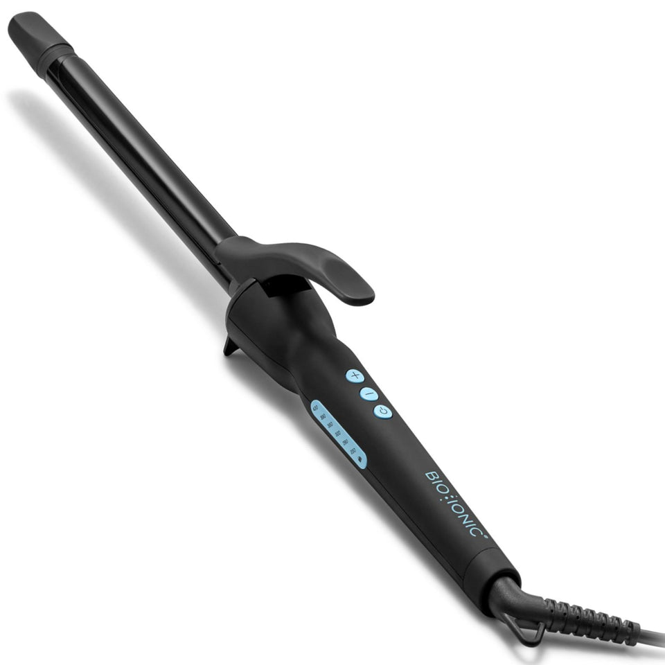 Bio Ionic front view of curling iron showcasing extended barrel and styling benefits