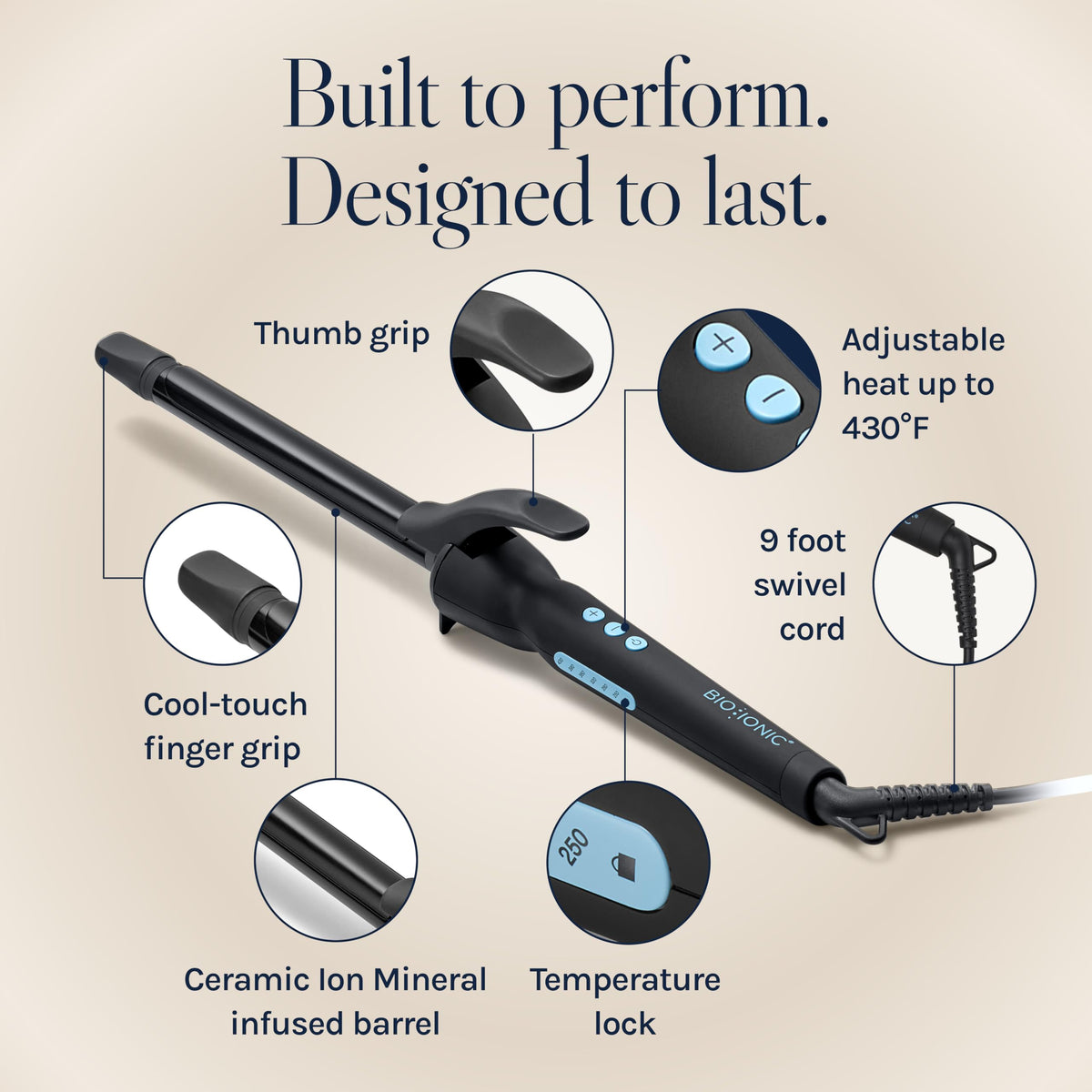 Bio Ionic curling wand in use on long hair creating tight uniform spirals