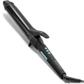 BIO IONIC front view of styler showing extended barrel and controls for versatile styling