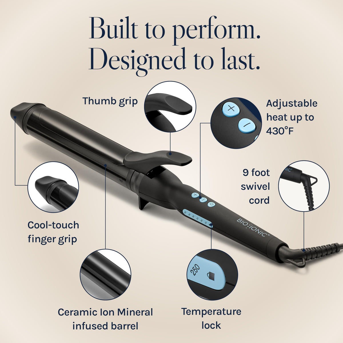 BIO IONIC temperature display highlighting adjustable heat up to 430F for all hair types