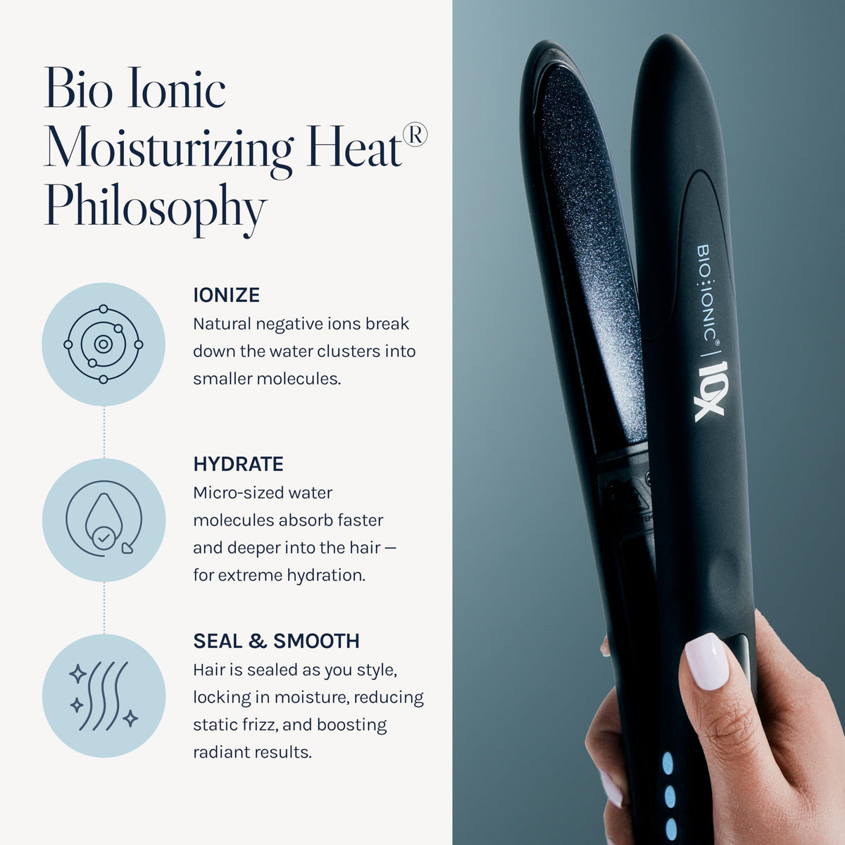 Bio Ionic close-up of ceramic sonic vibrating plates showing smooth finish and heat evenness